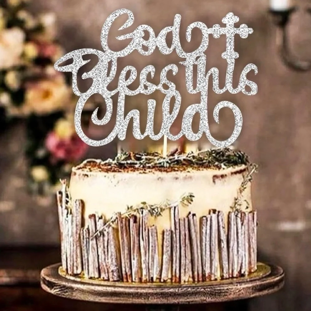💞 New Silver Glitter God Bless This Child Baptism Christening Cake Topper